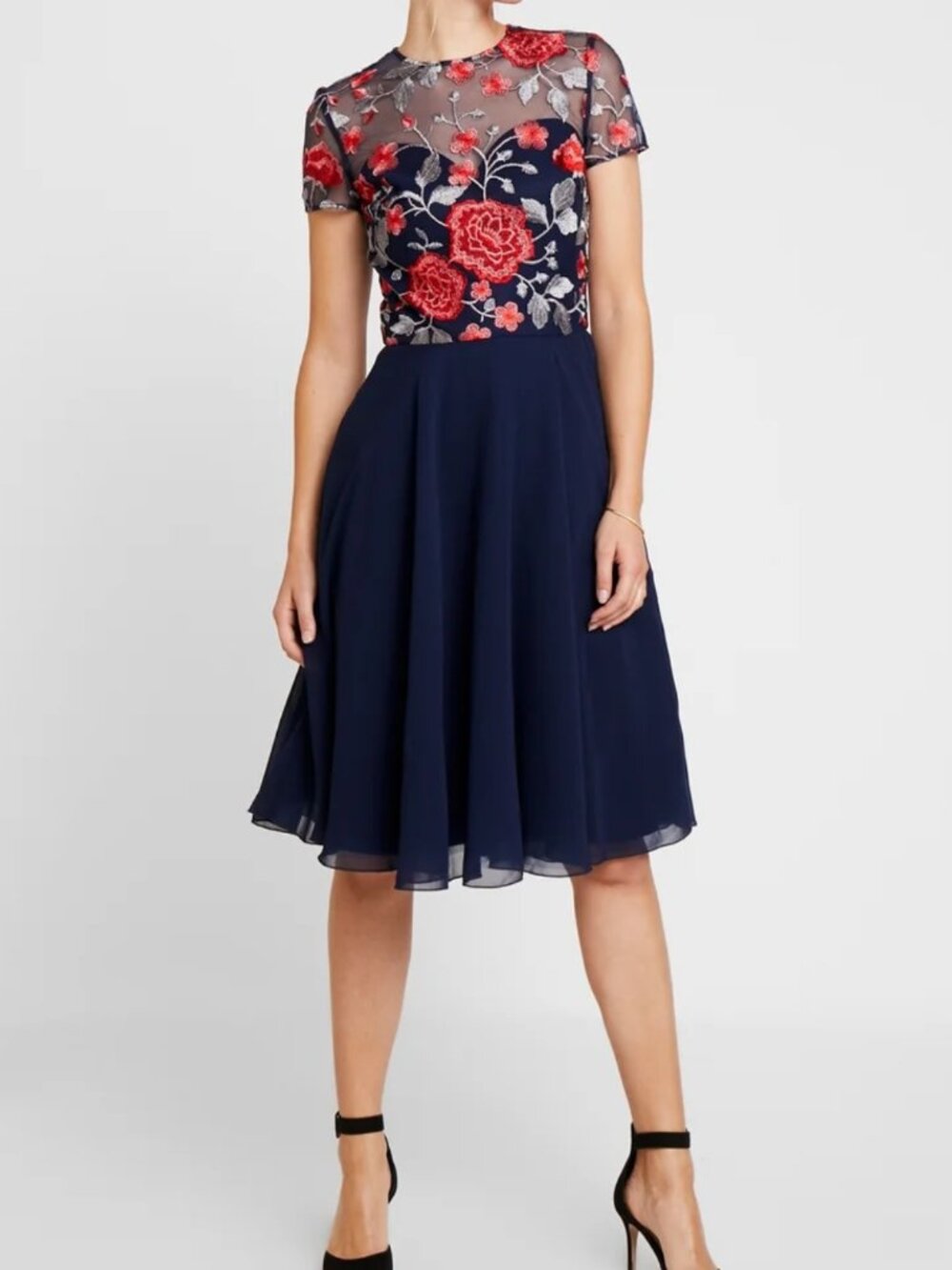Chi Chi London | Embroidered Flowers Midi Cocktail Dress | Size 16